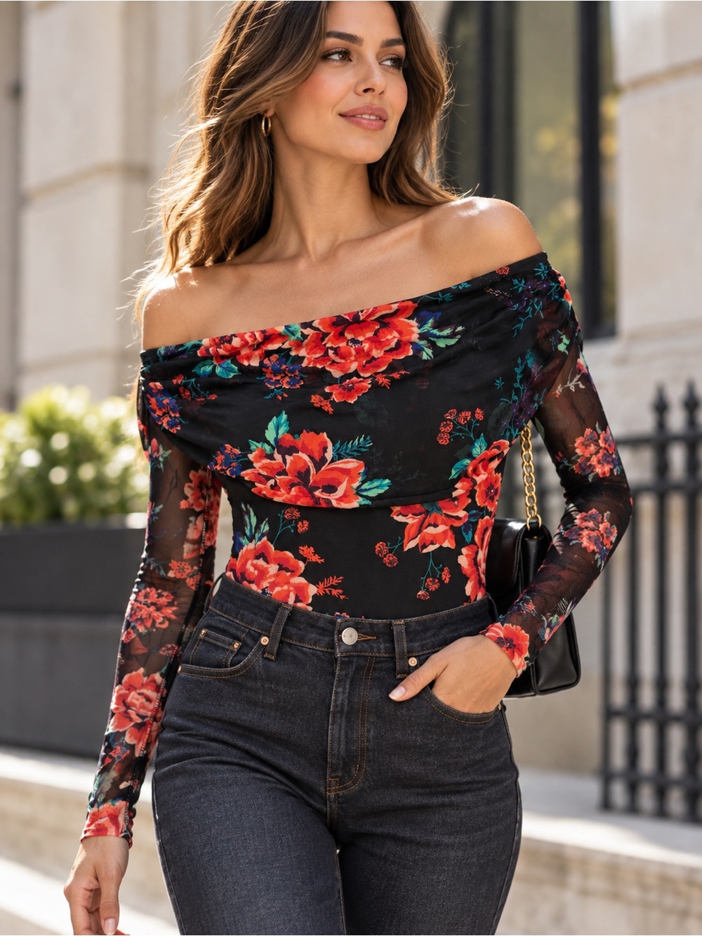 AFRM Off Shoulder Floral Long Sleeve Bodysuit Black Size S New Without Tags